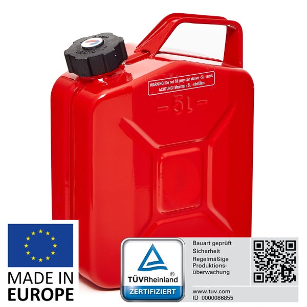 BW® Kraftstoffkanister Metall Benzinkanister 5 Liter mit Schraubverschluss - Rot - RAL 3000 - TÜV-geprüft und UN-Zulassung - Made in Europe