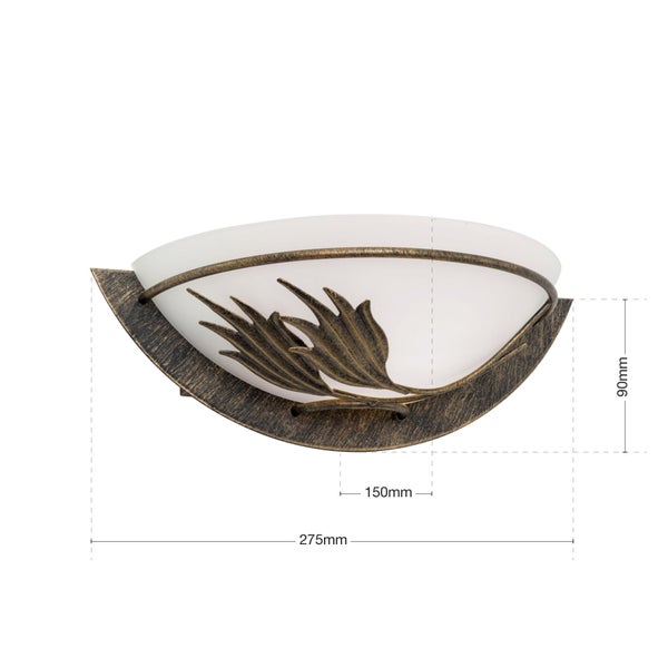 Wandleuchte mit bogenförmigem Design, Metallrahmen und Glasdiffusor, Maße 275 Millimeter mal 90 Millimeter, dekoratives Blattmotiv.