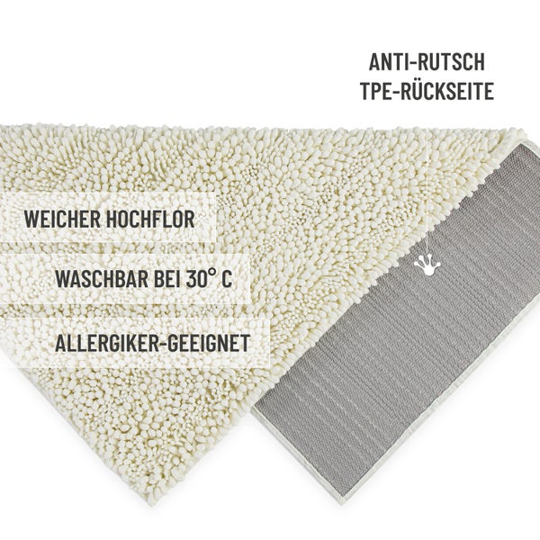 Badematte mit weichem Hochflor, waschbar bei 30 Grad, für Allergiker geeignet, mit rutschfester TPE Rückseite.