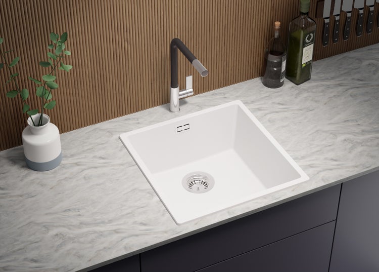 PRIMAGRAN Spülbecken Alles Weiß 46x47cm, Granitspüle 1 Becken + Ablauf-Set, Küchenspüle ab 50er Unterschrank - London Slim
