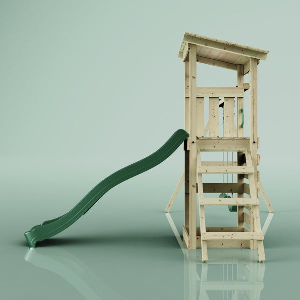 Spielturm mit Rutsche und Schaukel aus Holz