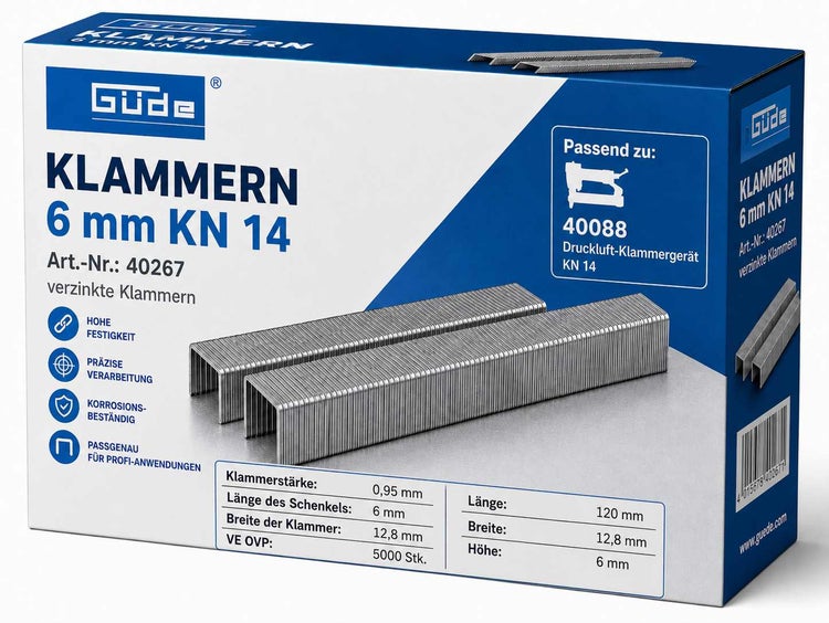 Güde Klammern 6 Millimeter KN 14 in der Verpackung, 5000 Stück verzinkte Klammern für Druckluft Klammergerät.