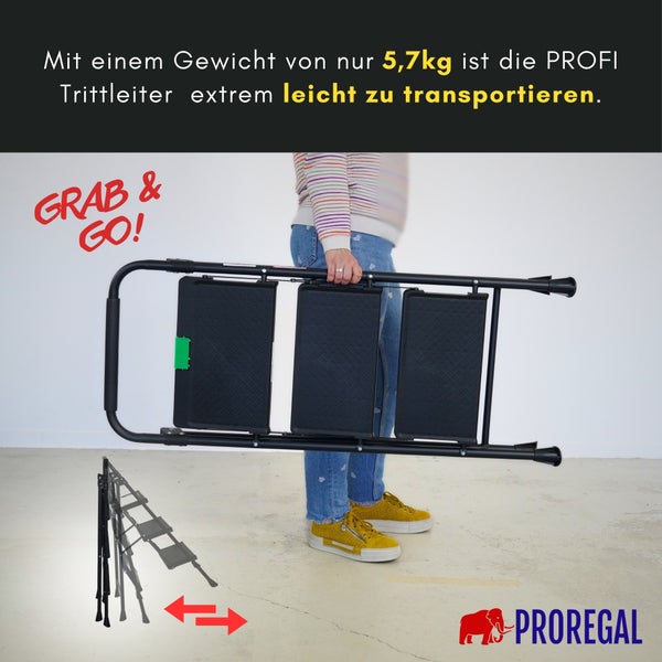 Eine Person trägt eine zusammengeklappte schwarze 3-Stufen-Trittleiter mit einem Gewicht von 5,7 Kilogramm. ProRegal Logo.