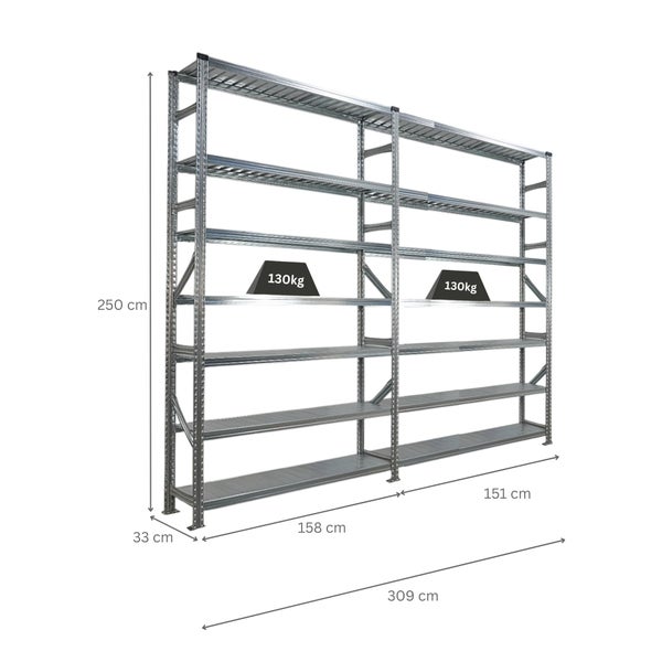 Metallregal mit den Maßen 309 x 250 x 33 cm und einer Traglast von 130 kg pro Regalboden