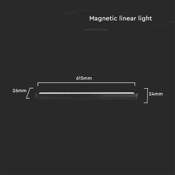 Magnetische Linearleuchte mit den Maßen 615 mm Länge, 26 mm Breite und 24 mm Höhe.
