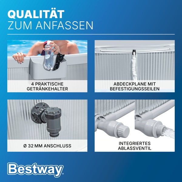 Bestway Pool-Funktionen: Getränkehalter, Abdeckplane mit Befestigungsseilen, 32 Millimeter Anschluss und integriertes Ablassventil.