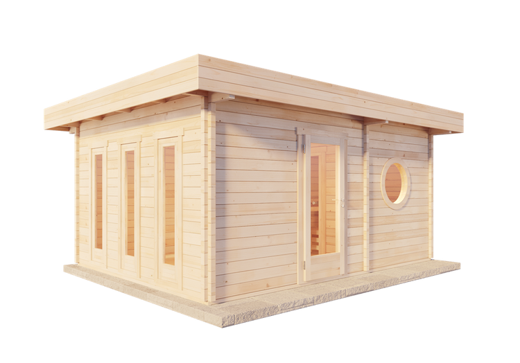 Modernes Saunahaus aus Holz mit Flachdach, drei hohen Seitenfenstern, Glastür und einem runden Bullaugenfenster.