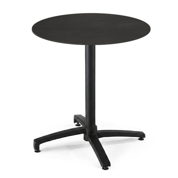 Runder Bistrotisch mit einer runden Tischplatte und einem stabilen Metallgestell mit vier Füßen.