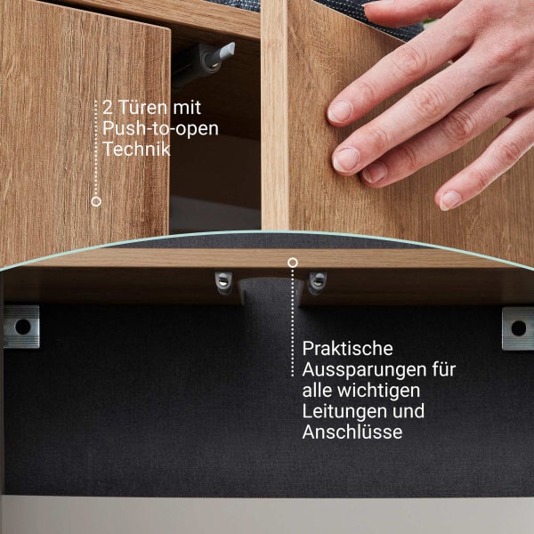 FACKELMANN FINN Badmöbel Set 3 Teile / Waschbecken / Waschbeckenunterschrank / 4 Holzfüße / Badschrank mit Push-to-Open / Korpus & Front: Braun hell / Rahmendekor & Füße: Braun hell / Breite: 60 cm