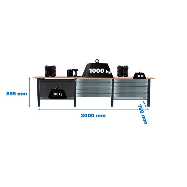 Werkbank BUFFALO WOOD mit 10x Schublade + Schrank| HxBxT 86,5x300x75cm | Traglast 1000kg | Anthrazit