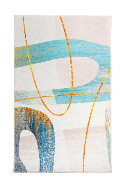 Rechteckiger Teppich mit modernem abstraktem Muster aus geschwungenen Linien und organischen Formen.