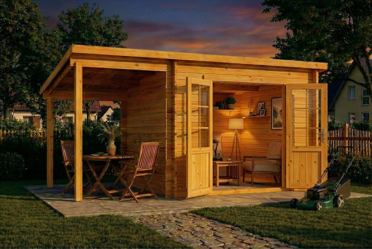 Holz-Gartenhaus mit Flachdach, überdachter Terrasse und Doppeltür, eingerichtet mit Sitzgruppe und Lampe im Garten bei Dämmerung.