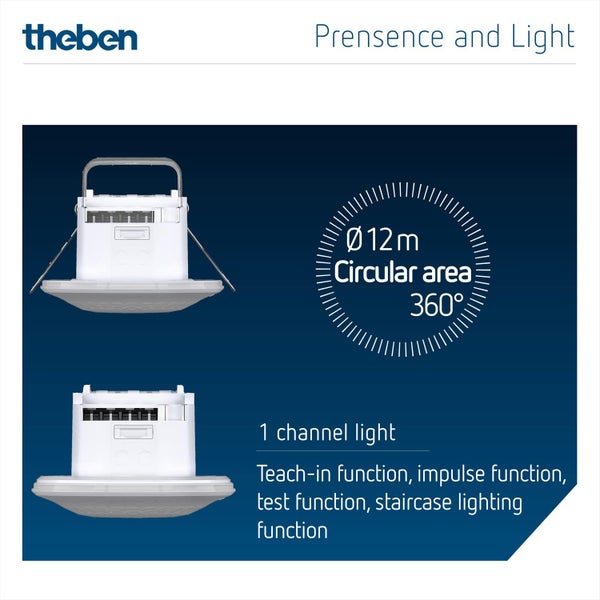 Theben 1030052 LUXA 103 S360-100-12 DE-UP WH I PIR I Passiv Infrarot Präsenzmelder I 360° Erfassungsbereich I 1 Kanal I Unterputz I Bis 400W LED I 230 V