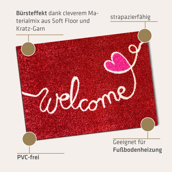 Akzente Listen Lovely Welcome-red 50x70 cm, Rutschfest, PVC-frei, Wetterbeständig, Polyamid-Monofilament, TPE-Rückseite, Wetterschutz, Outdoor-Eignung, Trittschallämmend.