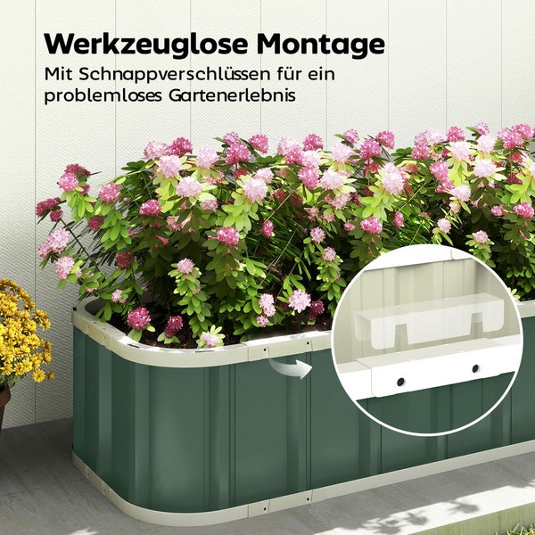 Grünes Hochbeet mit rosa Blumen und werkzeugloser Montage durch Schnappverschlüsse.