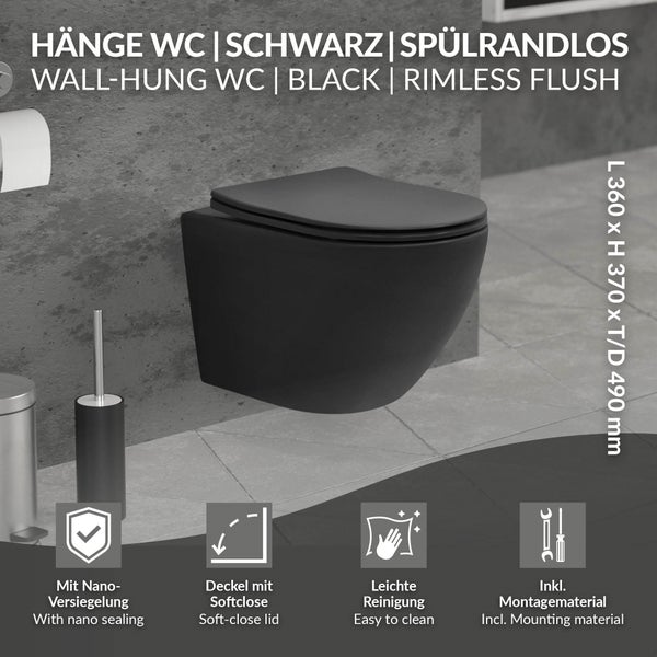ECD Germany Hänge-WC kurz, spülrandlos mit Nano-Versiegelung, Schwarz matt, Wand-WC mit WC-Sitz abnehmbar aus Duroplast Softclose Absenkautomatik, Tiefspüler Toilette aus Sanitärkeramik, Tiefspül-WC