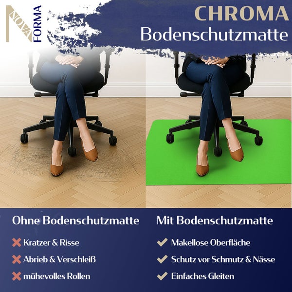 Chroma Bodenschutzmatte im Vergleich: ohne und mit Bodenschutzmatte unter einem Bürostuhl.