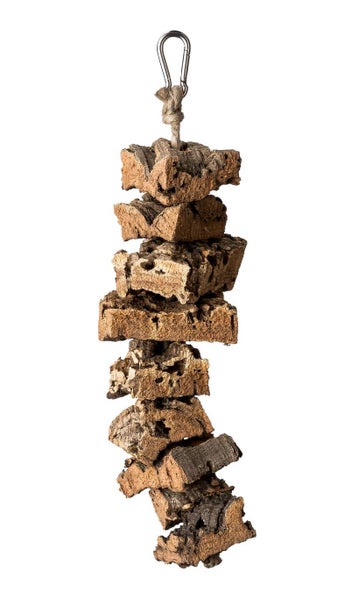 Naturkork-Spielzeug zum Aufhängen mit Karabinerhaken für Vögel und Kleintiere.
