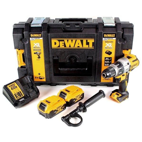DeWalt Akku-Schlagbohrschrauber Set 18 Volt mit zwei 5,0 Amperestunden Akkus, Ladegerät, Zusatzhandgriff und Transportkoffer.