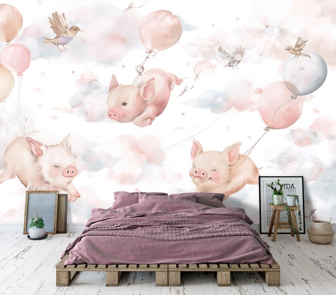 Wandbild mit Schweinen, die an Ballons in einem Schlafzimmer schweben