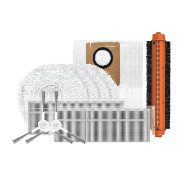 Zubehörset für Saugroboter mit Wischpads, Staubbeuteln, Filtern, Seitenbürsten und Hauptbürste.