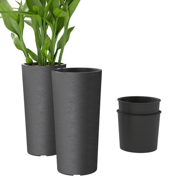 Set aus zwei hohen zylindrischen dunkelgrauen Pflanzgefäßen mit strukturierter Oberfläche und herausnehmbaren schwarzen Innentöpfen.