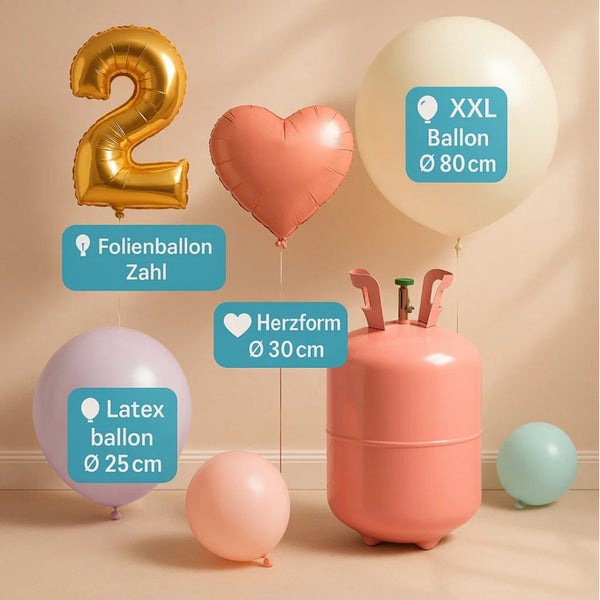 Verschiedene Ballons und eine Heliumflasche