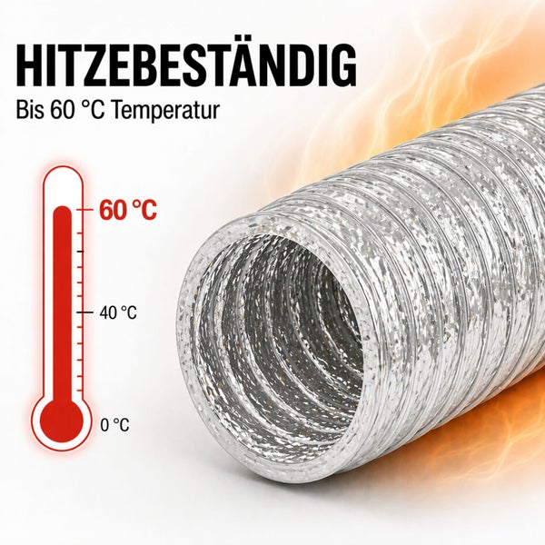 Flexibler Aluminiumschlauch, hitzebeständig bis 60 Grad Celsius.