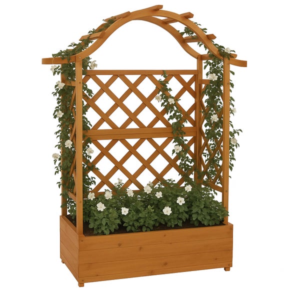 Pflanzkasten aus Holz mit integriertem Rankgitter für Garten und Terrasse.