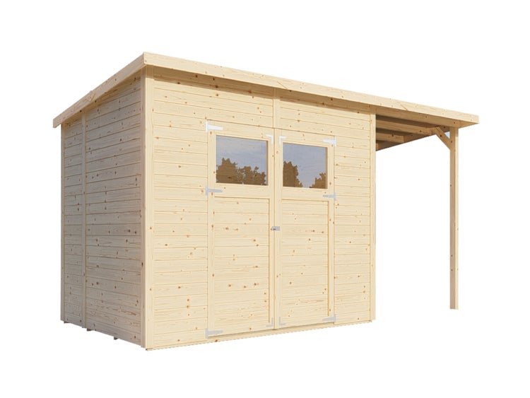 Gartenhaus aus Holz mit Pultdach, Doppeltür mit Fenstern und einem seitlichen Schleppdach.