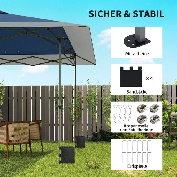 Faltpavillon im Garten mit Zubehör für Stabilität: Sandsäcke, Metallstandfüße, Abspannseile, Spiralheringe und Erdspieße für sicheren Halt.