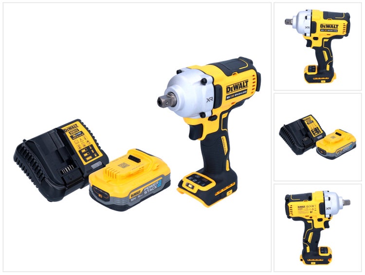 DeWalt Akku Schlagschrauber mit 18 Volt Powerstack Akku und Ladegerät in einer Set Zusammenstellung aus verschiedenen Perspektiven