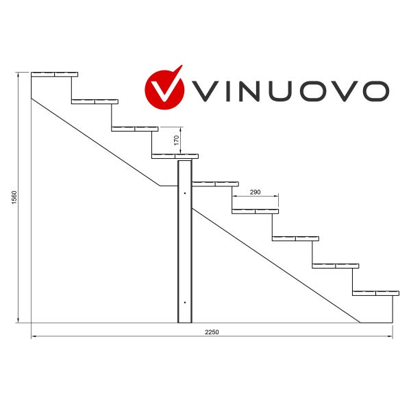 Technische Zeichnung einer Treppe mit Maßangaben und Vinuovo Logo