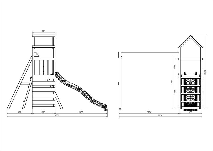 Technische Zeichnung eines Spielturms mit Rutsche und Maßen in Millimetern.