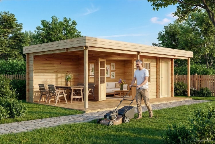 Mann mäht Rasen vor einem modernen Gartenhaus aus Holz mit überdachter Terrasse und gemütlicher Sitzgruppe im Garten.