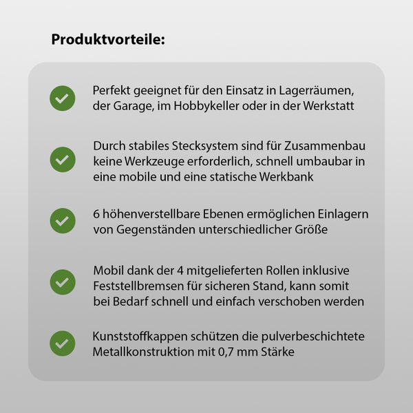 Infografik mit Produktvorteilen eines modularen Regalsystems für Werkstatt und Lager mit sechs Ebenen, Stecksystem und Rollen.