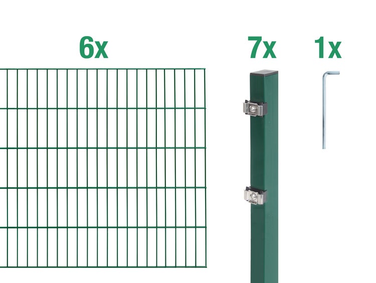 Stabmattenzaun Set mit sechs Zaunmatten, sieben Zaunpfosten und einem Innensechskantschlüssel für den Gartenbau.