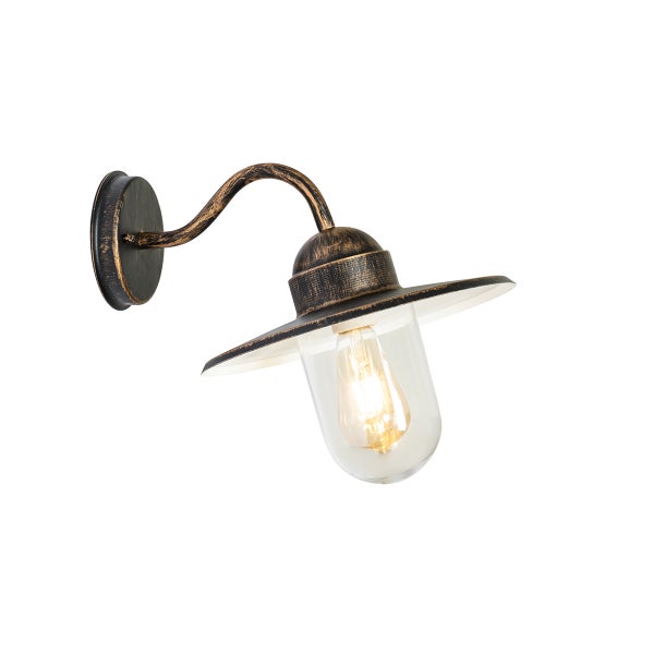 Klassische Außenwandleuchte in Bronze-Optik mit gebogenem Arm und klarem Glas.