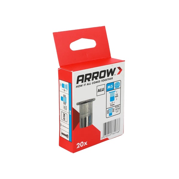 Arrow Blindnietmuttern aus Aluminium, M5, 20 Stück, 7 Millimeter Durchmesser, 13 Millimeter Länge.