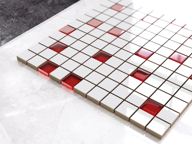 Quadratische Mosaikfliesen mit Glasakzenten
