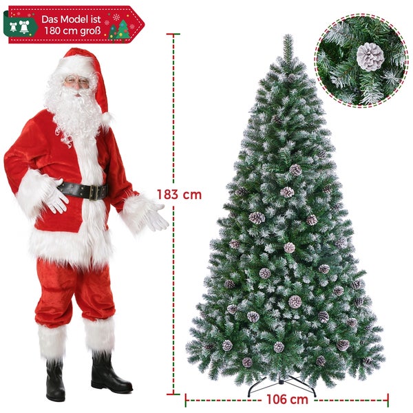 Dekorierter, künstlicher Weihnachtsbaum mit Schneeeffekt und Größenangaben neben einer Person im Weihnachtsmannkostüm.