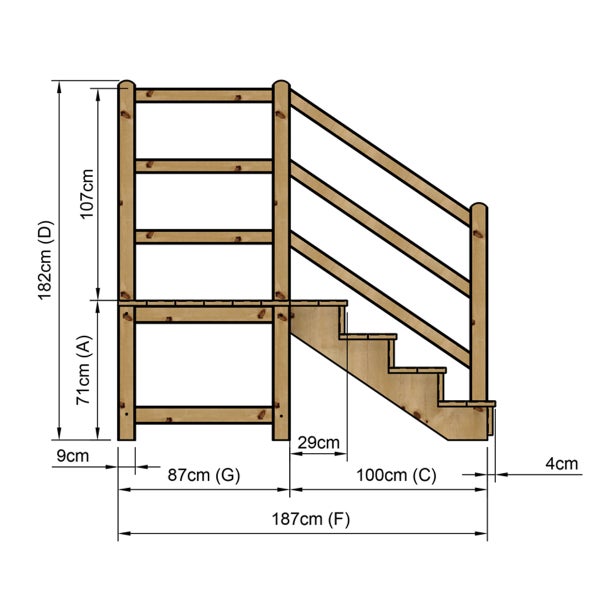 Technische Zeichnung einer Holztreppe mit Geländer und den Maßen 182 cm Höhe, 187 cm Länge und 107 cm Geländerhöhe.