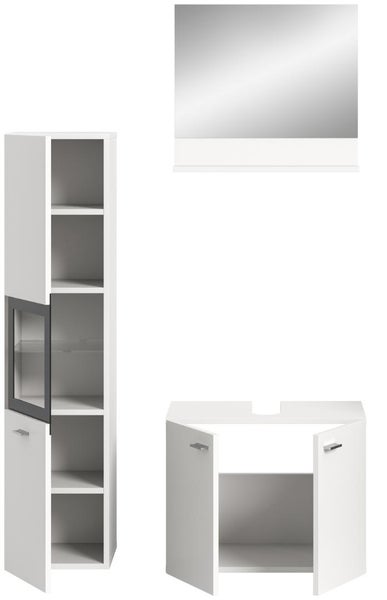 Badezimmermöbel-Set bestehend aus einem Hochschrank mit offenen Regalen, einem Spiegel mit Ablage und einem Waschbeckenunterschrank.