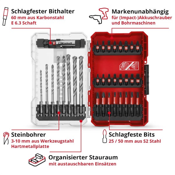 Original Einhell M-CASE 33-tlg. schlagfestes Bit- und Steinbohrer-Set (25-mm-Bits, 50-mm-Bits, Steinbohrer, 60-mm-Bithalter inkl. Aufbewahrungsbox)