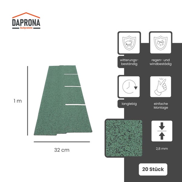 Daprona Logo. Bitumenschindel, 1 Meter mal 32 Zentimeter, 2,8 Millimeter stark. 20 Stück. Wetter- und windbeständig, langlebig, einfache Montage.