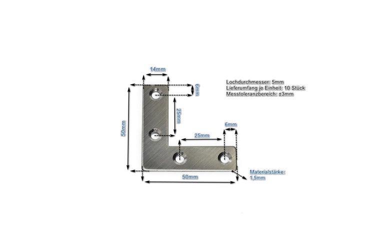 Winkelverbinder mit den Maßen 50 x 50 Millimeter und einer Materialstärke von 1,5 Millimetern