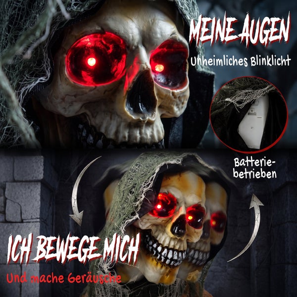Halloween Dekoration Totenkopf mit leuchtenden Augen Bewegungsfunktion und Geräuscheffekten batteriebetrieben für Innenbereich