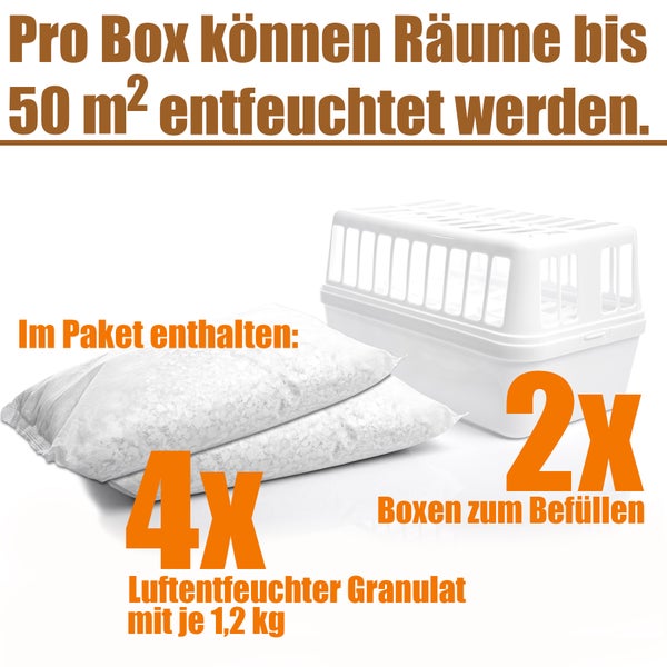 BigDean 2 Stück Luftentfeuchter + 4x 1,2kg Luftentfeuchtergranulat Nachfüllpack – Feuchtigkeits-Stopper nachfüllbar + wiederverwendbar – Luftentfeuchterbox ohne Strom
