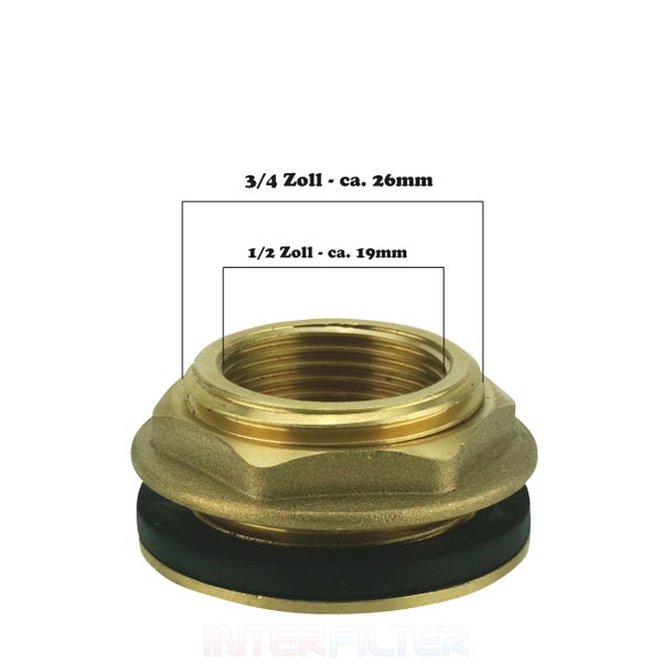 Messing Tankverschraubung mit Dichtung und Gewindeangaben drei viertel Zoll circa 26 Millimeter und ein halb Zoll circa 19 Millimeter
