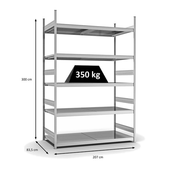 PROREGAL Weitspannregal Stecksystem T-Profil Grundregal HxBxT 300x200x80 cm 5 Ebenen Stahlplatten Fachboden Fachlast 350 kg Verzinkt